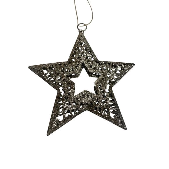 Lot of 3 Christmas Ornaments - 2 Golden stars and 1 Blue House with Cross on Top - Picture 2 of 5